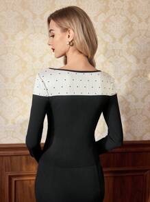 Vintamour 复古优雅女式针织T恤波尔卡圆点印花蝴蝶结仿珍珠长袖休闲上衣工作假日新年连衣裙女式冬装女式长袖衬衫长袖上衣新年女式衬衫女式度假女士生日女士黑色上衣外出上衣女式冬装女式衬衫圣诞衬衫冬季上衣新年上衣情人节