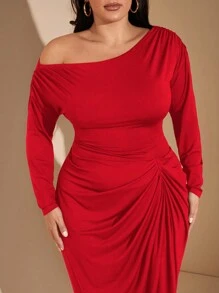 SHEIN BAE 大码女式优雅露肩长袖毛衣裙，带褶边细节，弹力舒适黑色中长裙，适合派对和约会 - 紅色 - 查看 3