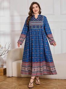 Lacomfia Plus Size Women Elegant Placement Print Arabic Style Long Dress,Modest