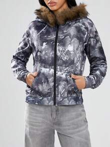 SHEIN Unity 1件女士休闲树叶印花保暖连帽卫衣，多色可选，时尚复古风格，适合秋冬季节穿着。 - 軍綠色 - 查看 4