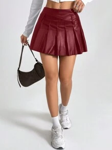 SHEIN PETITE 女士时尚纯色褶皱 PU 裙 - 酒紅色 - 查看 3