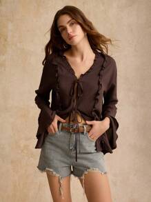 Poéselle Áo dài tay màu nâu, viền bèo nhún, buộc dây phía trước, áo nữ, áo dài, phong cách Boho, áo dài, áo đi chơi, áo cánh thường ngày dài tay buộc bèo nhún màu trơn phía trước cho nữ, thoải mái và giản dị, thích hợp mặc hàng ngày, dạo phố, đi làm, ngày lễ, ở nhà và các dịp khác - Cà phê nâu - Xem 1