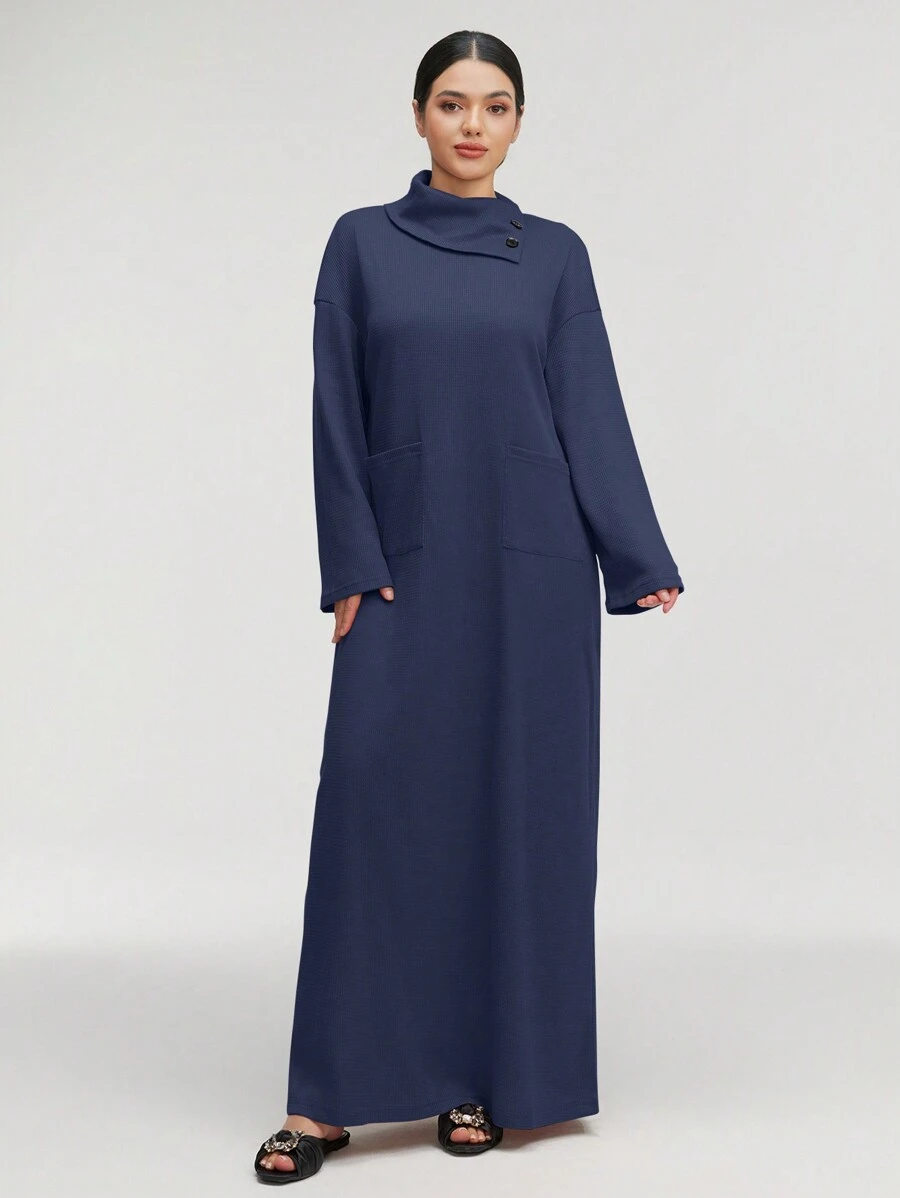 Al Najma 女士纯色高领长袖口袋宽松长款休闲阿拉伯连衣裙，休闲风格，适合日常休闲/旅游/度假/休假/家居服，超长阿拉伯连衣裙 - 寶藍色 - 查看 1