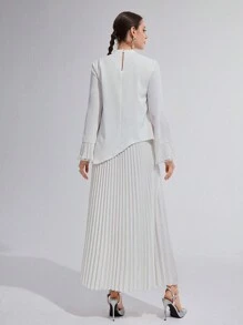 Modelyn Women's Elegant Solid Pleated Flared Sleeve Dress - White - View 2