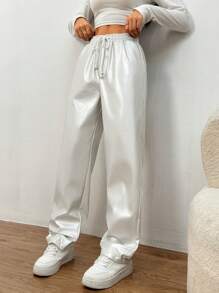 SHEIN EZwear Casual Minimalist Metal Drawstring Waist Long Pants - Silver - View 3