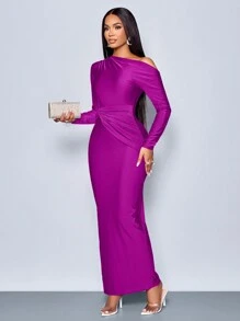 SOLERSUN Suitable For Christmas Party Vacation & Dating Elegant Asymmetric Neckline Ruched Side Bodycon Dress, Valentine's Day Dating Fall Cloth For Women - Purple - View 5