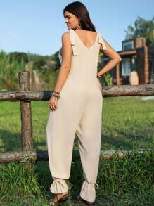 SHEIN LUNE Mono de Navidad con cuello en V, nudo, dobladillo con volantes para mujer de talla grande, vestido de refrigeración, atuendo de alivio del estrés, vestido largo de noche, ropa de estar en casa elegante y de moda