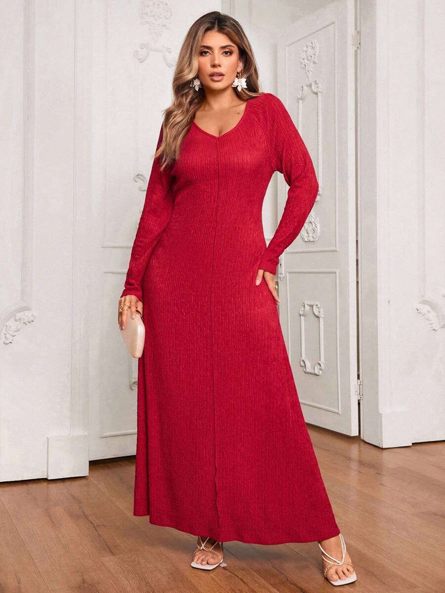 SHEIN VCAY 大码 V 领露背系带紧身连衣裙情人节服装浪漫 - 紅色 - 查看 1