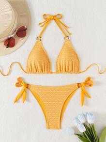 SHEIN Swim SXY طقم بكيني نسائي مصنوع من مواد ذات ملمس خاص على شكل عقدة من الخيزران، مناسب للصيف - أصفر - مشاهدة 6