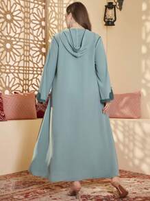 Al Najma Plus Size Elegant Minimalist Arabic Style Hooded Robe, Modest Kaftan - Green - View 2