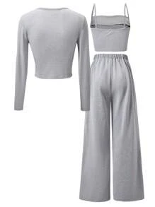2pcs/Set Teen Girl Cropped Long Sleeve Cardigan, Ruffle Camisole And Wide Leg Pants - Grey - View 3
