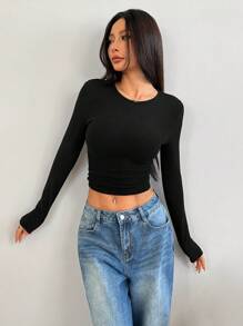 Rina Fox Damska słodka, swobodna, dopasowana, czarna koszulka z kokardą z tyłu i okrągłym dekoltem, jesień/zima - Czarne - Zobacz 2