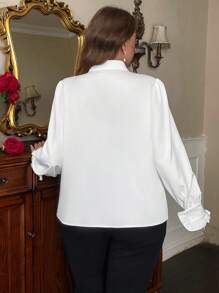SHEIN Privé Plus Size Women's Elegant Commuter Long Sleeve Shirt With 3D Rose Flower, Bow & Ruffle Decor Spring Fall - White - View 3