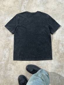 SHEIN 1pc Teen Boys Oversized High-Street Retro Red And White Flame Face Graffiti Text Pentagram Halloween Print Black Dropped Shoulder Snow Wash T-Shirt, Spring Wear