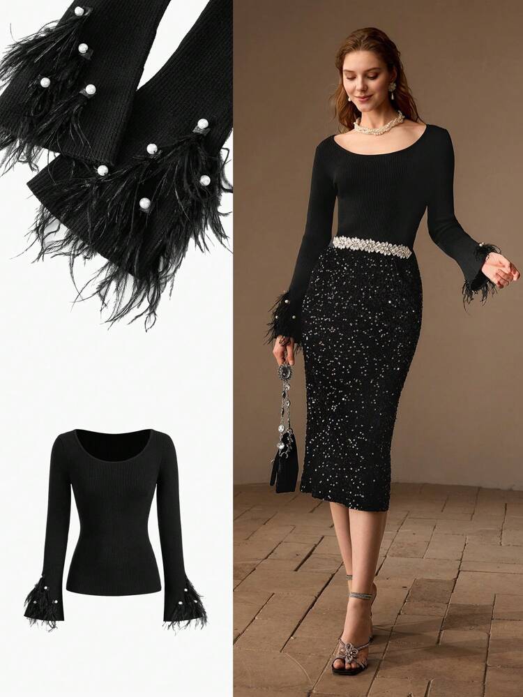 Jersey de ajuste ceñido con cuello de pico, puños de felpa y perlas falsas