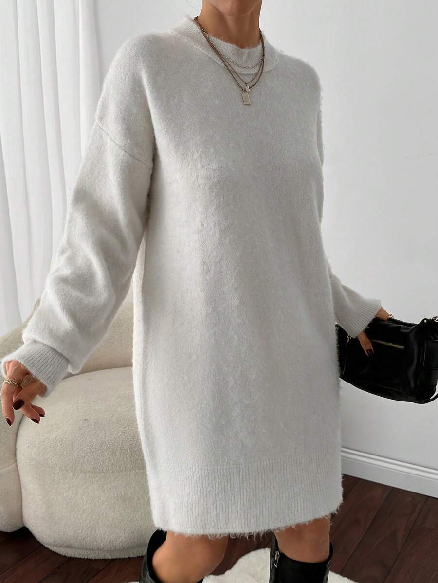 EURMUSE Women Solid Color Hairy Yarn Round Neck Drop Shoulder Pullover - Beige - View 1