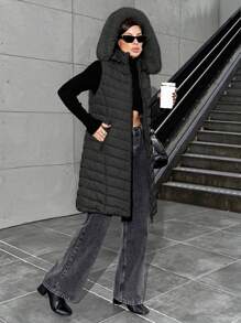 EURMUSE Women Fake Fur Hooded Long Zip Detailed Winter Coat - Black - View 5