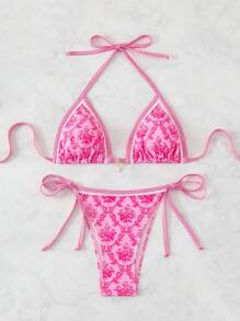 Swim Mod Random Print Women's Summer Holiday Beachwear Halter Neck Bikini Set - Pink - View 3
