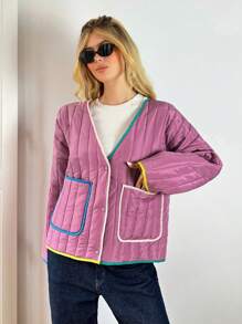 Forever 21 1 件女式宽松翻领长袖口袋加厚外套，适合冬季 - 紫色 - 查看 5