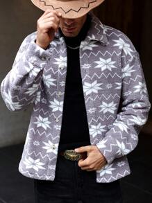 Manfinity Homme Men's Autumn And Winter Reversible Plush Warm INS Western Cowboy-Style Gray Shirt Jacket With Geometric Pattern Print, Featuring A Turn-Down Collar And Button Closure. Stylish And Cozy, Perfect For Layering In Colder Weather! Winter Men Jacket ,Thermal Shirts ,Fall And Winter Men Clothes