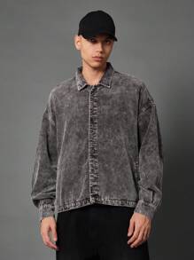 SUMWON Washed Corduroy Crop Shirt Button-Down Long Sleeve Casual Oversized Boxy Winter Fall Shirt Streetwear Urban Fashion Top - Brown - View 1