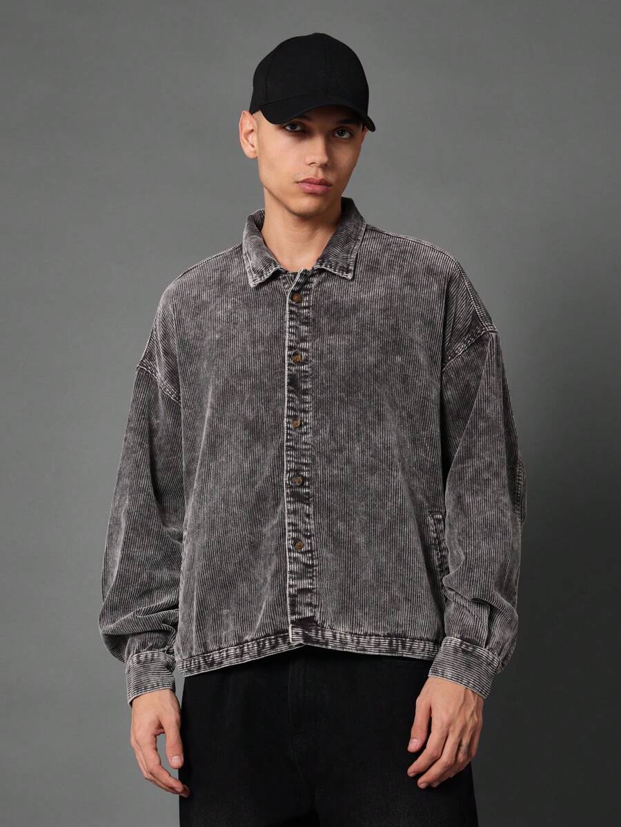 SUMWON Washed Corduroy Crop Shirt Button-Down Long Sleeve Casual Oversized Boxy Winter Fall Shirt Streetwear Urban Fashion Top - Brown - View 1