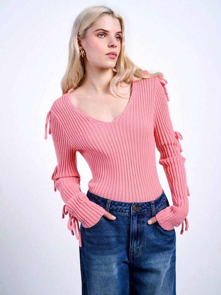 SHEIN Maija Women's Pink V-Neck Bowknot Decorative Slim Fit Fashionable Versatile Daily Casual Party Sweater Top, Early Spring Festival