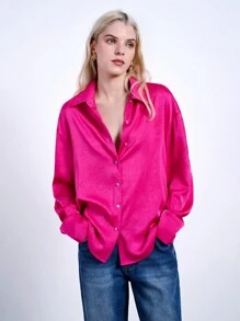 Maija Women's Rose Red Textured Fabric Multi-Seasonal Versatile Elegant Chic Design Loose Fit Drop Shoulder Long Sleeve Collared Open Front Blouse, Romantic & Classy Red Shirt Festival - Hot Pink - View 1