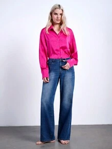 Maija Women's Rose Red Textured Fabric Multi-Seasonal Versatile Elegant Chic Design Loose Fit Drop Shoulder Long Sleeve Collared Open Front Blouse, Romantic & Classy Red Shirt Festival - Hot Pink - View 2