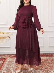 Modelyn Plus Size Plain Crew Neck Long Sleeve Ruched Simple Casual Dress - Burgundy - View 4