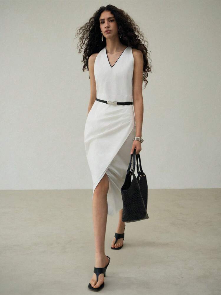 CONTRAST TRIM SPLIT HEM MIDI DRESS WITH BELT