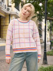 Skyraze Blusa casual de cuello redondo de manga larga con parches de unicolor para uso diario de mujer - Multicolor - Ver 5