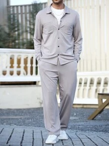 Manfinity Homme 1 Set de camisa de manga larga de unicolor con bolsillo y pantalones largos minimalista para hombre