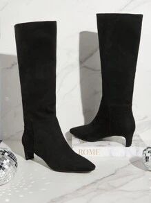 SHUZIA Botas altas de taco medio cómodas con cremallera de color negro básico para mujer, regalo de Año Nuevo, Día de San Valentín, zapatos de verano para San Valentín