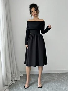 Elenzga Women's Solid Color Off-Shoulder Long Sleeve Casual Elegant Black Dress