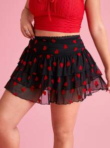 SHEIN EZwear Women's Plus Size,Valentine's Day,Flocked Heart Print Mesh Tiered Mini Skirt,Spring Summer Clothes - Black - View 5