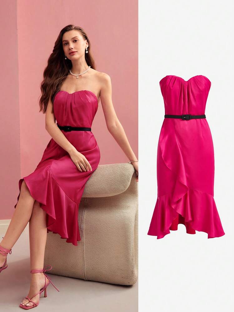 SOLID RUFFLE WRAP HEM TUBE COCKTAIL DRESS WITH BELT