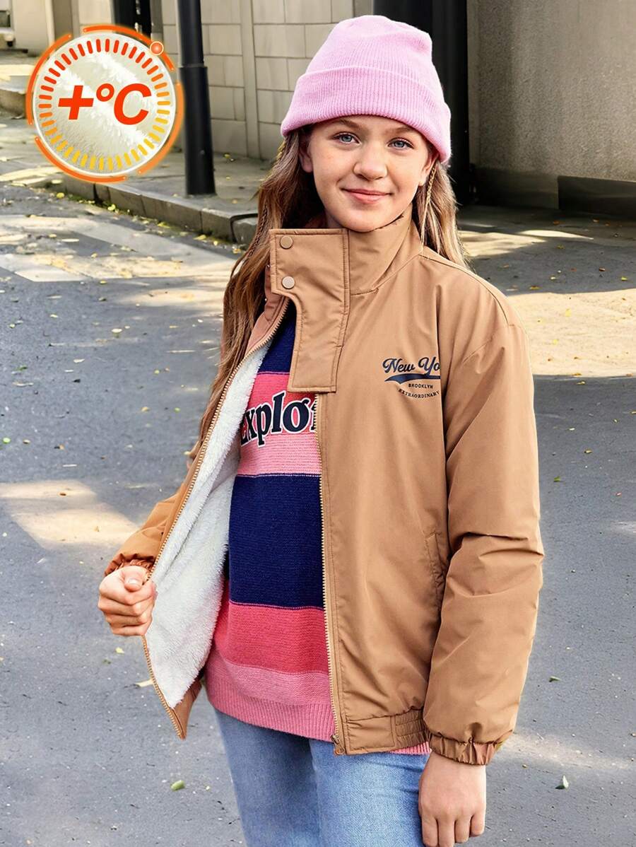 SHEIN Ropa informal de estilo casual para niñas en otoño - Chaqueta de forro polar cómoda para chicas adolescentes, apropiada para uso diario, actividades al aire libre y fotografía en la calle de la ciudad - Marrón Mocha - Ver 1