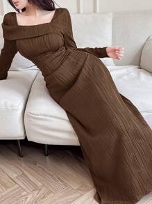 Feyla Women's Solid Color Square Neck Long Sleeve Textured Simple Arabic Style Dress Long Evening Dresses - Coffee Brown - View 5