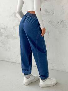 EURMUSE Casual Distressed Drawstring Waist Tapered Leg Denim Jeans - Medium Wash - View 2