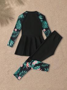 Tween Girls Coconut Palm Print Zipper Swimwear With Pants, Casual Beach Vacation Summer Holiday