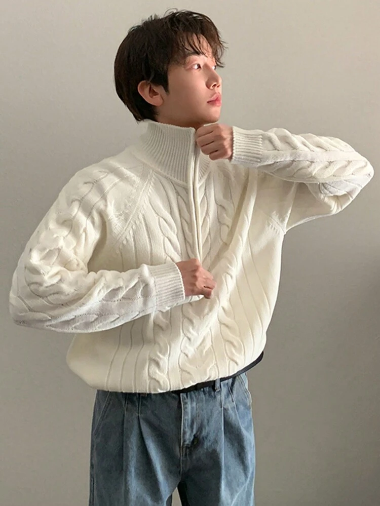 Solid Color Beige Casual Daily Wear Knitted Sweater For Men, Spring Winter Quarter Zip Men