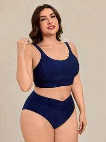 SHEIN Swim Navy Blue Solid Color Plus Size Women's Bikini Set Summer - Navy Blue - View 5