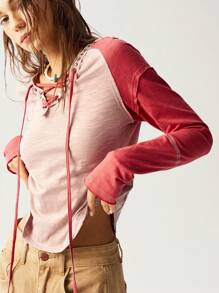 Bohemela Boho Women's Fitted V-Neck Knit Color Block Long Sleeve Top, Casual - Coral Pink - View 3