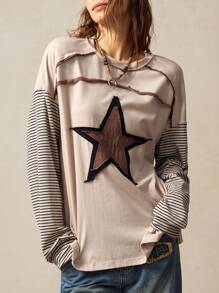 Bohemela 女士休闲针织拼布圆领长袖宽松 T 恤 - 咖啡棕 - 查看 6