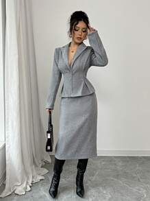 SHEIN PETITE Set de 2 piezas para mujer con diseño de pliegues y estampado de flores, top y falda de línea A, para otoño/invierno