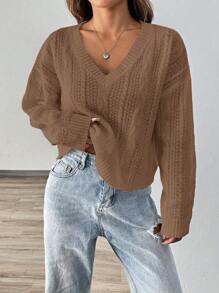 Chiquease New V-Neck Casual Solid Color Short Pullover Sweater For Women, Versatile, Spring/Autumn/Winter - Coffee Brown - View 3
