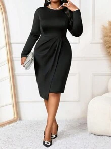 SHEIN Lady 秋冬季圣诞派对礼服优雅复古工作婚礼酒会黑色针织圆领铅笔荷叶边新品紧身连衣裙大码连衣裙伴娘服 - 黑色 - 查看 5