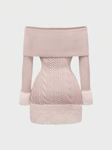 ROMWE Kawaii 露肩毛球吊坠装饰毛绒拼布女式毛衣裙，情人节 - 粉色 - 查看 3