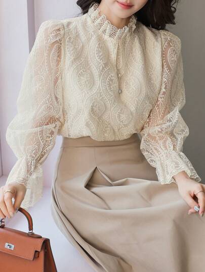 DAZY 优雅蕾丝立领宽松女式衬衫，适合婚礼宾客服装，春夏秋季女装长袖上衣